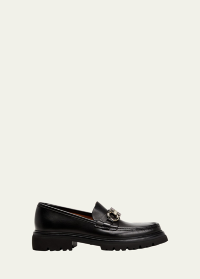 Shop Ferragamo Men's Bleecker Leather Lug-sole Loafers With Reversible Bit