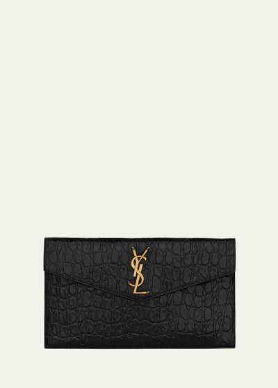 Shop Saint Laurent Uptown Ysl Pouch In Croc-embossed Leather