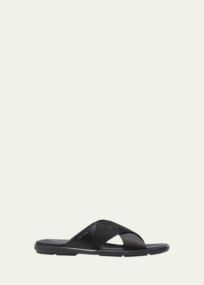 Shop Prada Men's Nastro Web Logo Slide Sandals