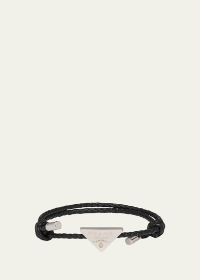 Shop Prada Men's Braided Napa Leather Bracelet With Triangle Logo