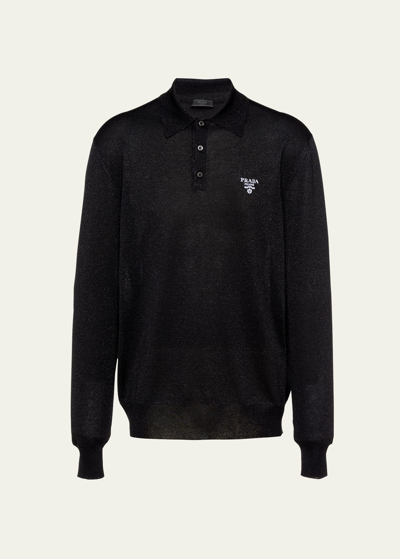 Shop Prada Men's Lurex Logo Polo Sweater