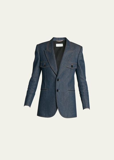 Shop Saint Laurent Denim Peak-lapel Blazer Jacket