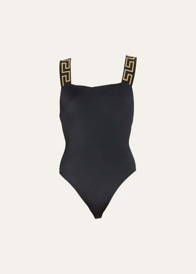 Shop Versace Square-neck Greca-strap One-piece Swimsuit