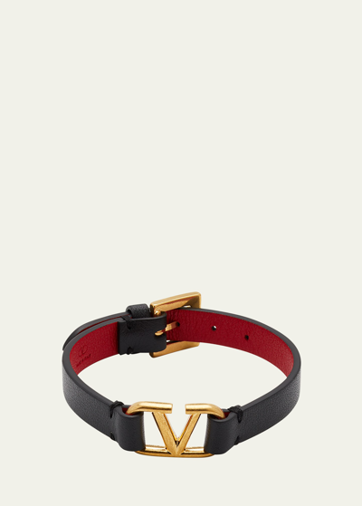Shop Valentino Antiqued Brass Logo Leather Bracelet