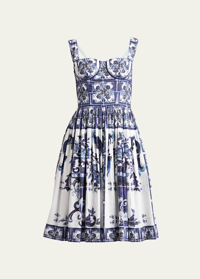 Shop Dolce & Gabbana Tile-print Pleated Poplin Bustier Dress