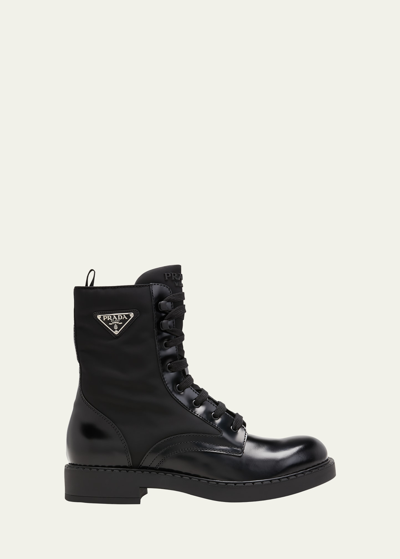 Shop Prada Men's Nylon & Leather Triangle Logo Combat Boots