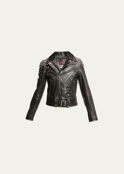 Shop Golden Goose Golden Distressed Leather Jacket With Crystals