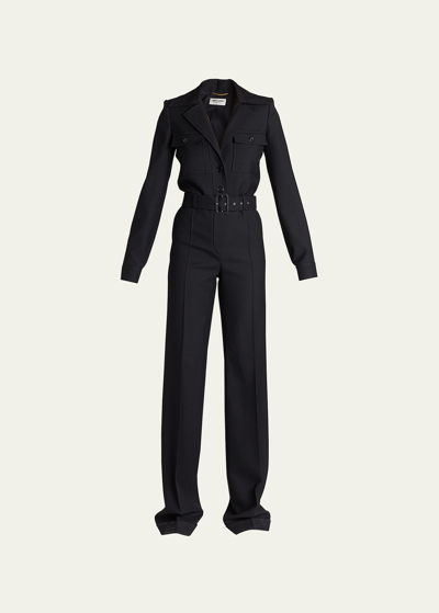Shop Saint Laurent Utility Belted Long-sleeve Wool Jumpsuit