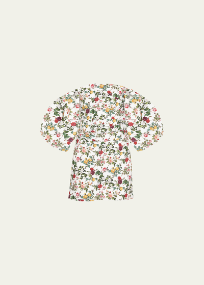 Shop Oscar De La Renta Off-shoulder Rose Print Puff-sleeve Mini Dress