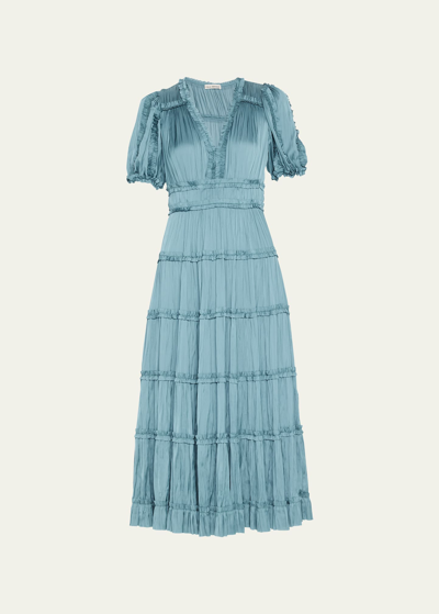 Shop Ulla Johnson Olivia Puff-sleeve Plisse Ruffle Midi Dress