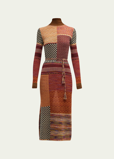 Shop Ulla Johnson Almira Masque Patchwork Jacquard Knit Midi Dress With Belt