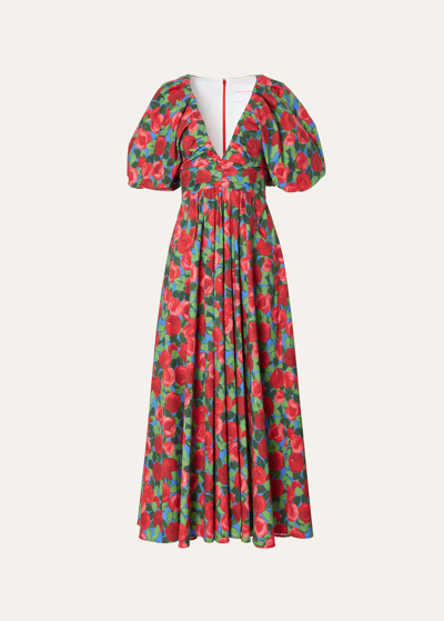 Shop Carolina Herrera Ruched V-neck Floral Print Midi Dress