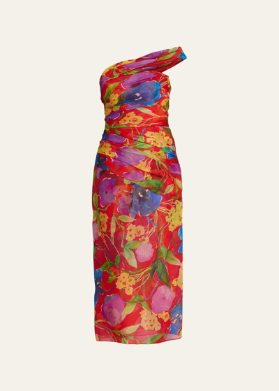 Shop Carolina Herrera Floral One-shoulder Ruched Midi Dress With Shoulder Sash