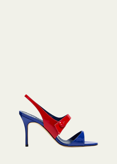 Shop Manolo Blahnik Climnetra Bicolor Patent Slingback Sandals