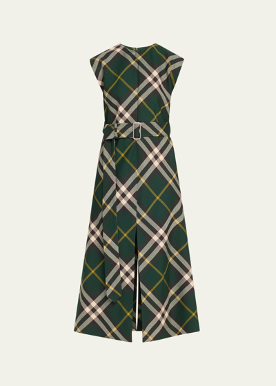 Shop Burberry Belted Check Midi Dress