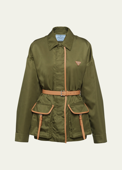 Shop Prada Re-nylon Leather Belted Jacket