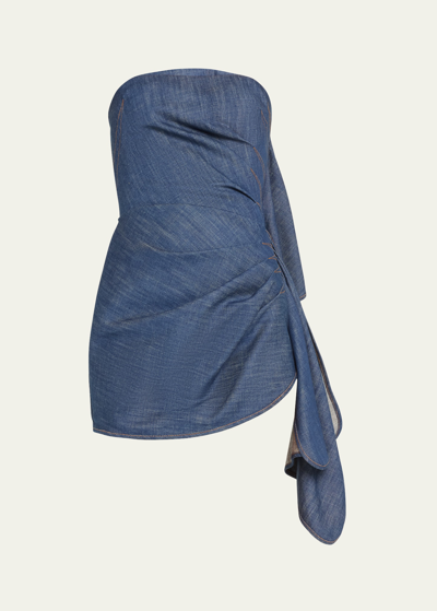 Shop Laquan Smith Strapless Denim Mini Dress With Ruffle Detail