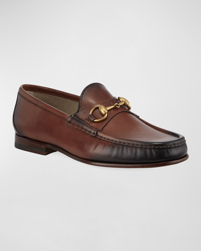 Shop Gucci Men's Leather Horsebit Loafers In Cocoa