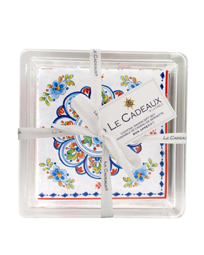 Shop Le Cadeaux Patterned Cocktail Napkins With Acrylic Holder In Madrid White