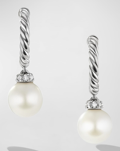 Shop David Yurman Pearl And Pave Solari Drop Earrings With Diamonds In Silver, 5mm, 0.75"l In Silver Pave