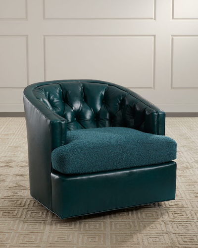 Shop Massoud Jacinta Leather Swivel Chair In Turquoise