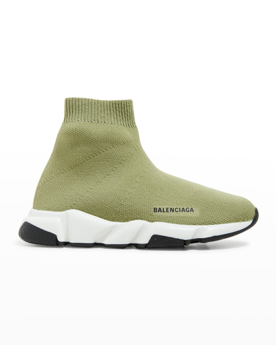 Shop Balenciaga Kid's Two-tone Knit Sock Trainer Sneakers In 3491 Light Kaki/w