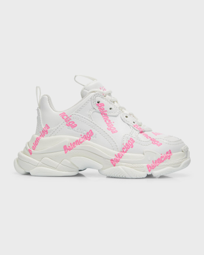 Shop Balenciaga Kids' Triple S Logotype Sneaker In 9050 White/pink
