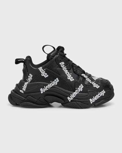 Shop Balenciaga Kids' Triple S Logotype Sneaker In 1090 Black/white