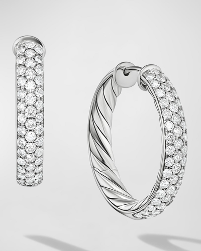 Shop David Yurman Sculpted Cable Hoop Earrings With Diamonds In Silver, 5mm, 1"l In Ssadi