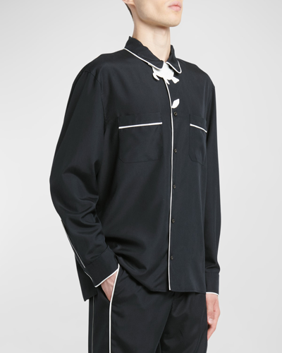 Shop Valentino Men's Flower Embroidered Silk Pj Shirt In Black/white