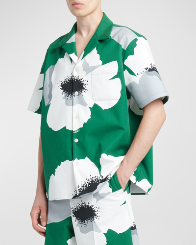 Shop Valentino Men's Flower Portrait Camp Shirt In Emerald/white