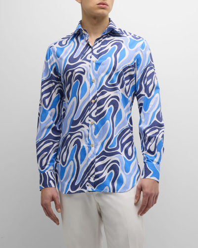 Shop Kiton Men's Ocean Waves Sport Shirt In Navy