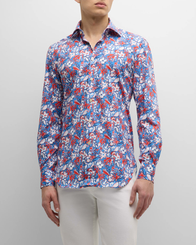 Shop Kiton Men's Floral Sport Shirt In Blue Multi