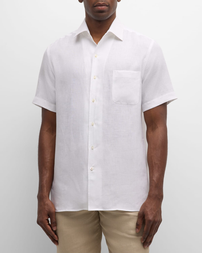 Shop Loro Piana Men's Linen Pocket Sport Shirt In Optical White