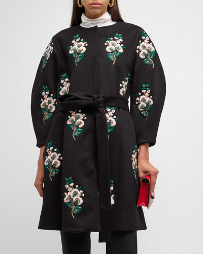 Shop Carolina Herrera Floral Embroidered Cashmere Belted Collarless A-line Coat In Black Multi