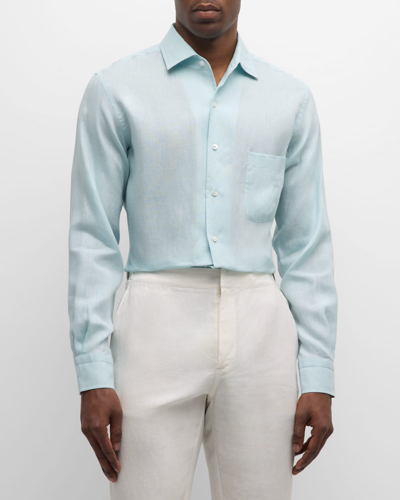 Shop Loro Piana Men's Andre Long-sleeve Linen Shirt In Aquarium