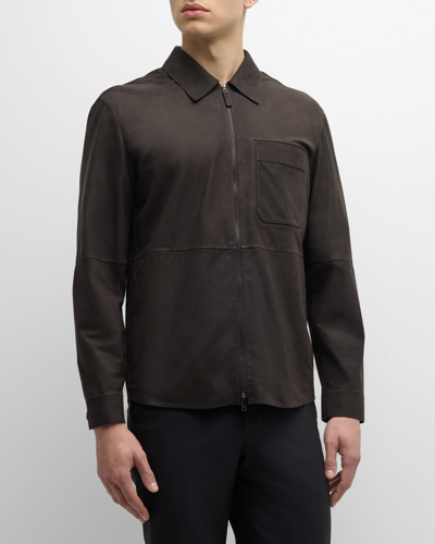 Shop Zegna Men's Suede Full-zip Overshirt In Dark Brown Solid