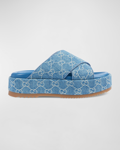 Shop Gucci Angelina Gg Denim Crisscross Platform Sandals In Light Blue