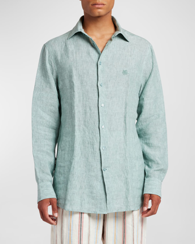 Shop Etro Men's Linen Casual Button-down Shirt In Green