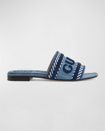 Shop Gucci Jane Logo Denim Slide Sandals In Light Blue