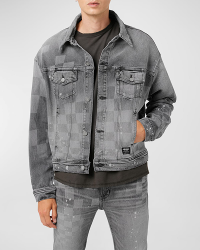 Shop Hudson Men's Check Denim Trucker Jacket In Grey Check