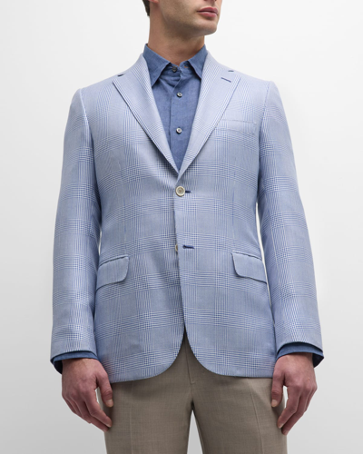 Shop Brioni Men's Plaid Wool-silk Sport Coat In White Sky Blue