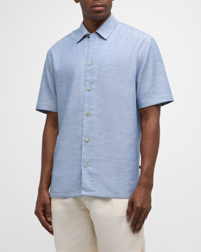 Shop Brioni Men's Heathered Cotton Camp Shirt In Bluette