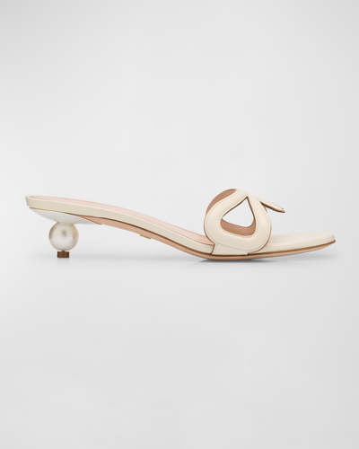 Shop Giambattista Valli Leather Bow Pearly Slide Sandals In Ivory
