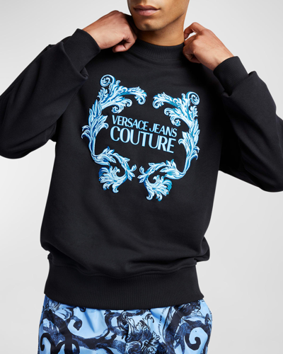 Shop Versace Jeans Couture Men's Embroidered Baroque Logo Sweatshirt In Black