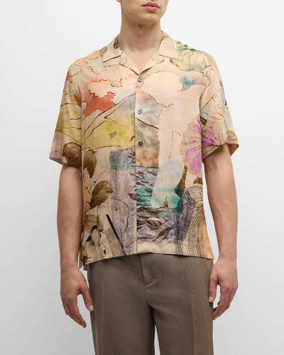 Shop Paul Smith Men's Artwork-print Camp Shirt In Beige