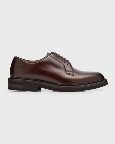 Shop Brunello Cucinelli Men's Calf Leather Derby Shoes In Castagno