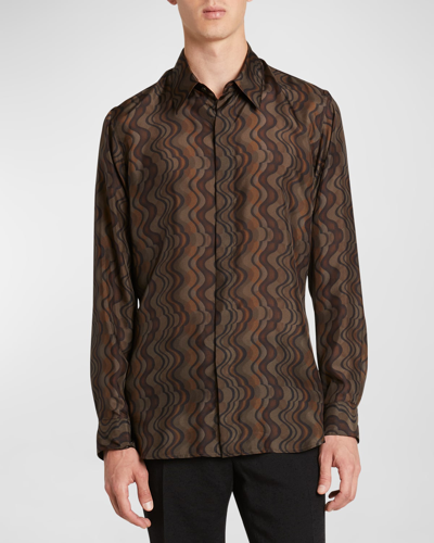 Shop Dries Van Noten Men's Carvie Patterned Silk Sport Shirt In Brown