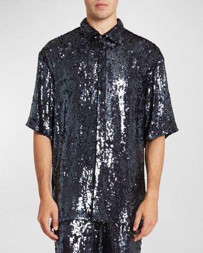 Shop Dries Van Noten Men's Cassidye Sequin Button-down Shirt In Midnight