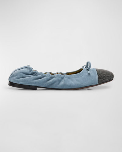Shop Brunello Cucinelli Suede Monili Cap-toe Ballerina Flats In C9112 Blue
